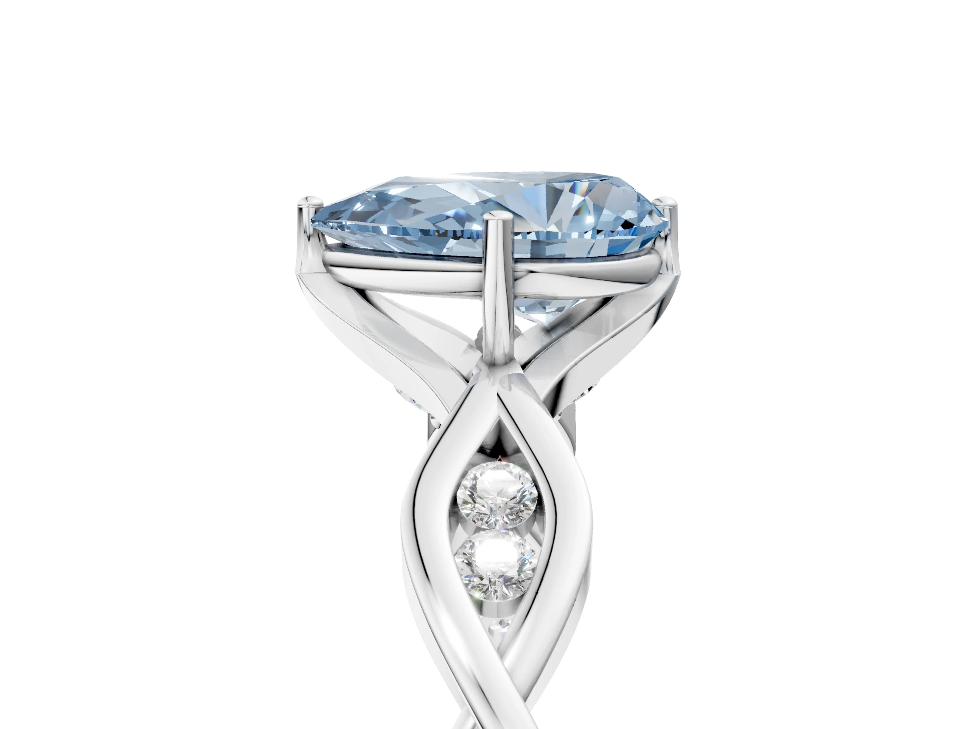 Platinum Fancy Blue Pear  Solitaire Twist Band with Leaf Prong Setting