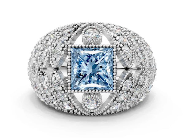 Platinum Fancy Blue Princess Cut Brilliant Halo Pave Diamond Milgrain Ring
