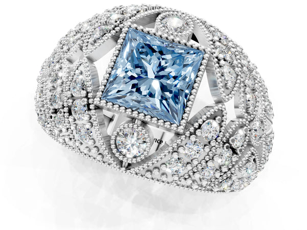 Platinum Fancy Blue Princess Cut Brilliant Halo Pave Diamond Milgrain Ring