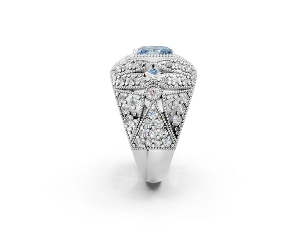 Platinum Fancy Blue Princess Cut Brilliant Halo Pave Diamond Milgrain Ring