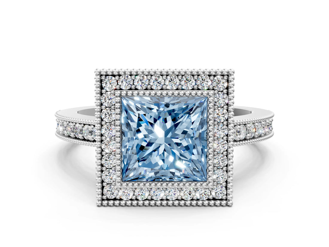 Platinum Fancy Blue Princess Cut-Cut Diamond Halo Engagement Ring with Pave Band and Prong Setting_12