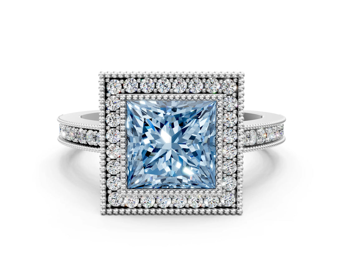Platinum Fancy Blue Princess Cut Cut Halo Pavé Diamond Ring_12
