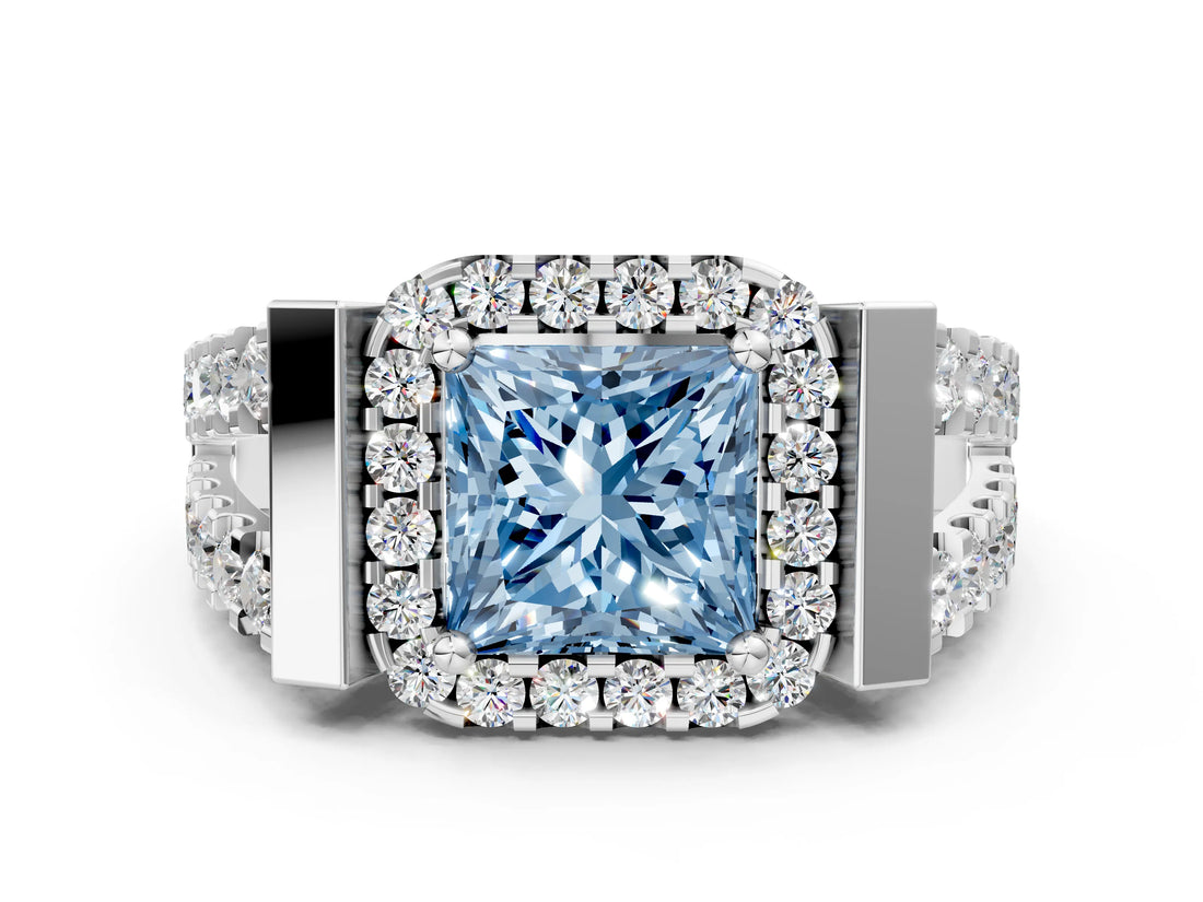 Platinum Fancy Blue Princess Cut Cut Halo Split Shank Prong Set Ring_6