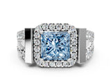 Platinum Fancy Blue Princess Cut Cut Halo Split Shank Prong Set Ring_6