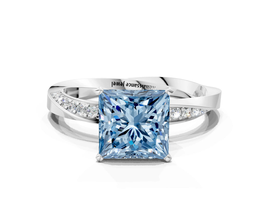Platinum Fancy Blue Princess Cut Diamond Engagement Ring with Side Stone Accents and Four-Prong Setting