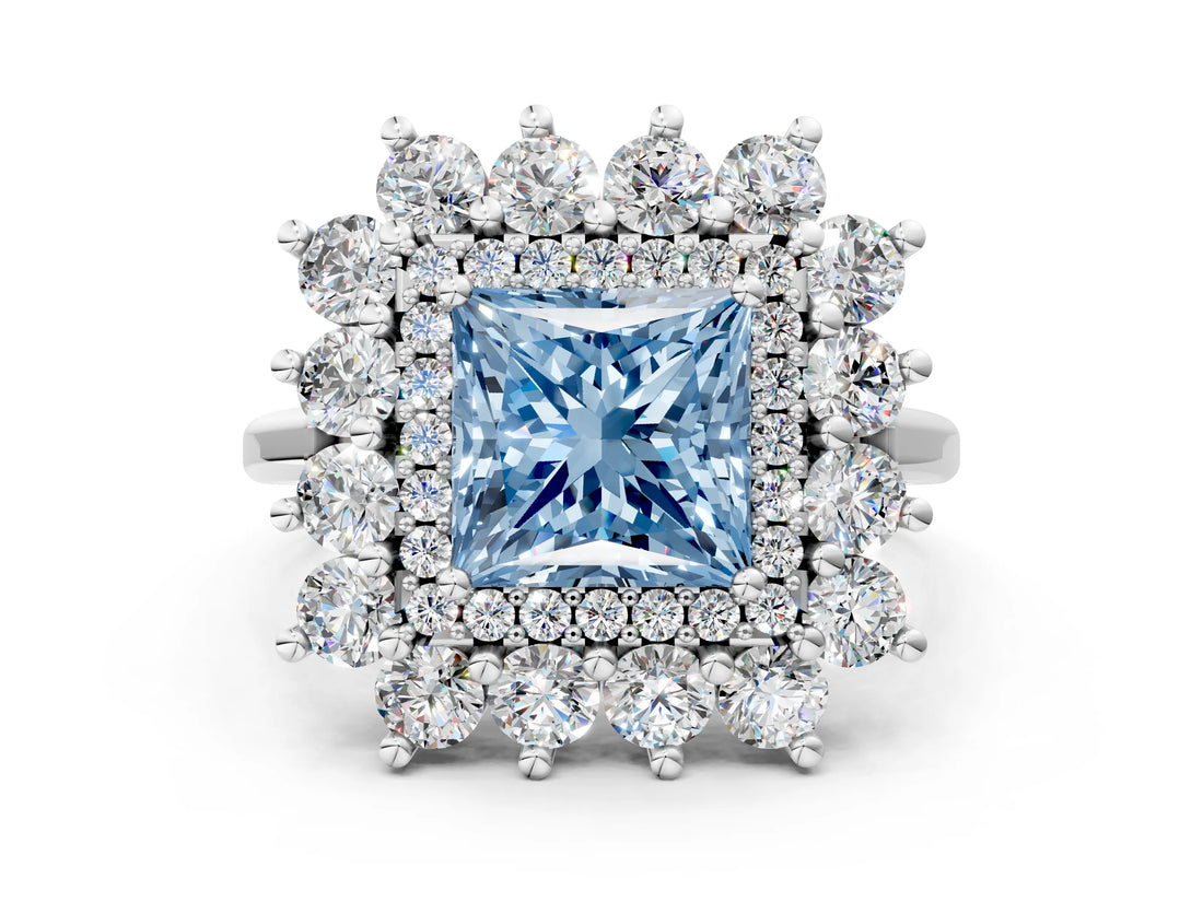 Platinum Fancy Blue Princess Cut Diamond Floral Double Halo Engagement Ring with Prong Setting_42