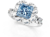 Platinum Fancy Blue Princess  Cut Diamond Floral Halo Engagement Ring with Shared Prong Setting 1
