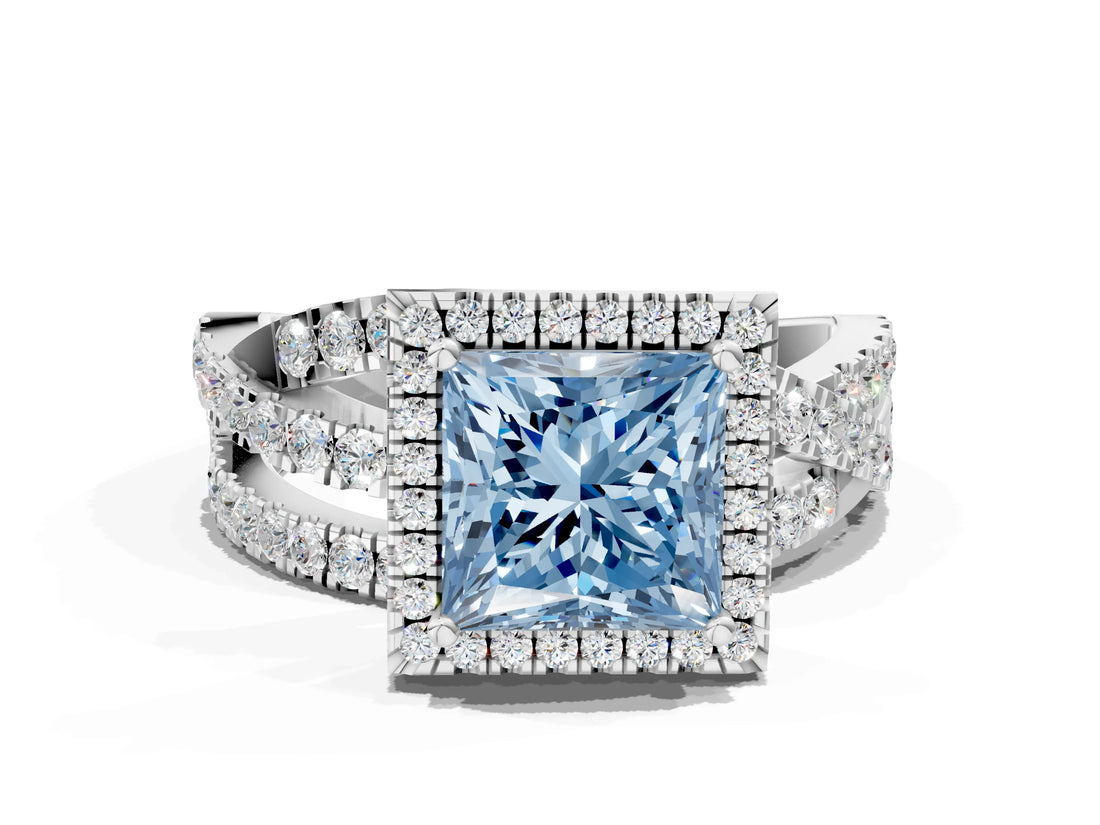 Platinum Fancy Blue Princess Cut Diamond Halo Ring with Round Split Shank and Prong Setting