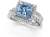 Platinum Fancy Blue Princess Cut Diamond Halo Ring with Round Split Shank and Prong Setting_1
