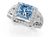 Platinum Fancy Blue Princess Cut Diamond Halo Ring with Split Shank and Bezel Accents and Four-Prong Setting_7