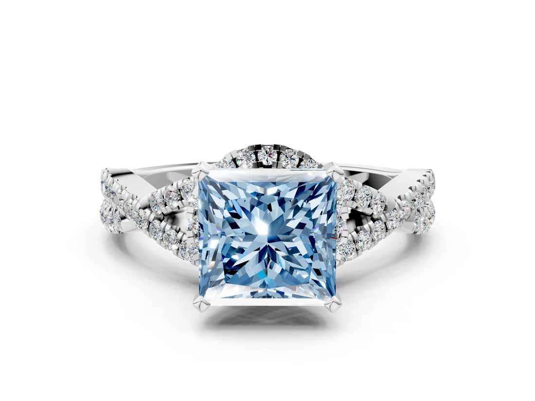 Platinum Fancy Blue Princess Cut Diamond  Halo Twist Band Solitaire Prong Setting Ring_12