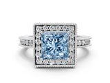 Platinum Fancy Blue Princess Cut Diamond Milgrain Halo Engagement Ring with Round Pavé Band and Prong Setting_12