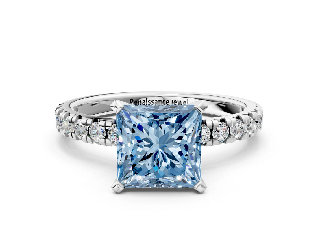 Platinum Fancy Blue Princess Cut Diamond Solitaire Pavé Engagement Ring with Round Band and Prong Setting_2