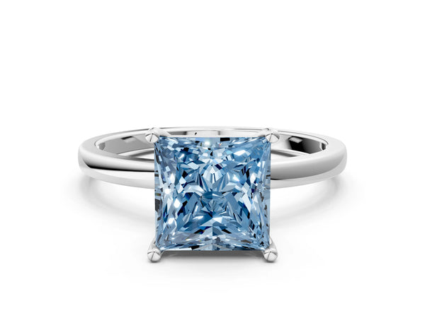 Platinum Fancy Blue Princess Cut Diamond Solitaire Ring with Classic Band and Four-Prong Setting