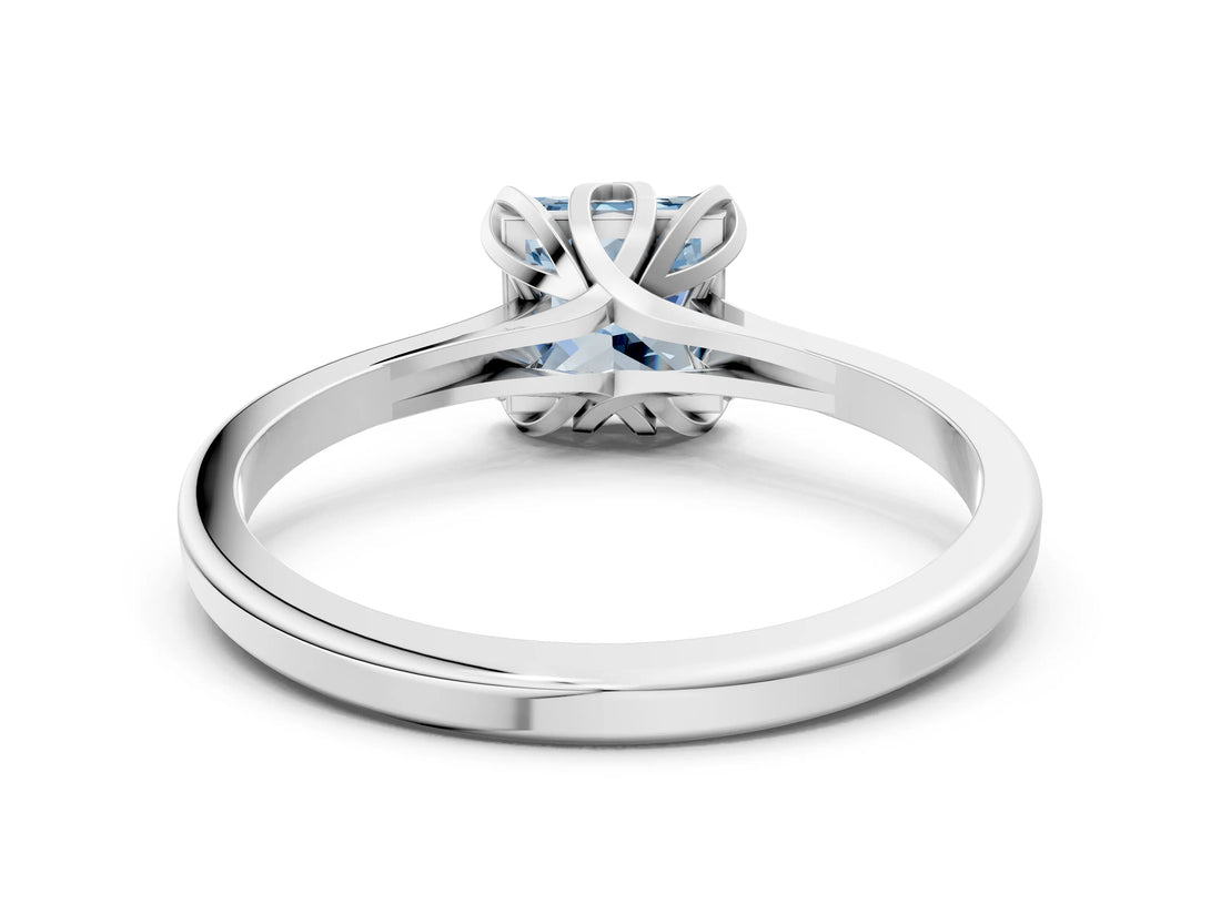 Platinum Fancy Blue Princess Cut Diamond Solitaire Ring with Flower Prong Setting and Classic Band_13