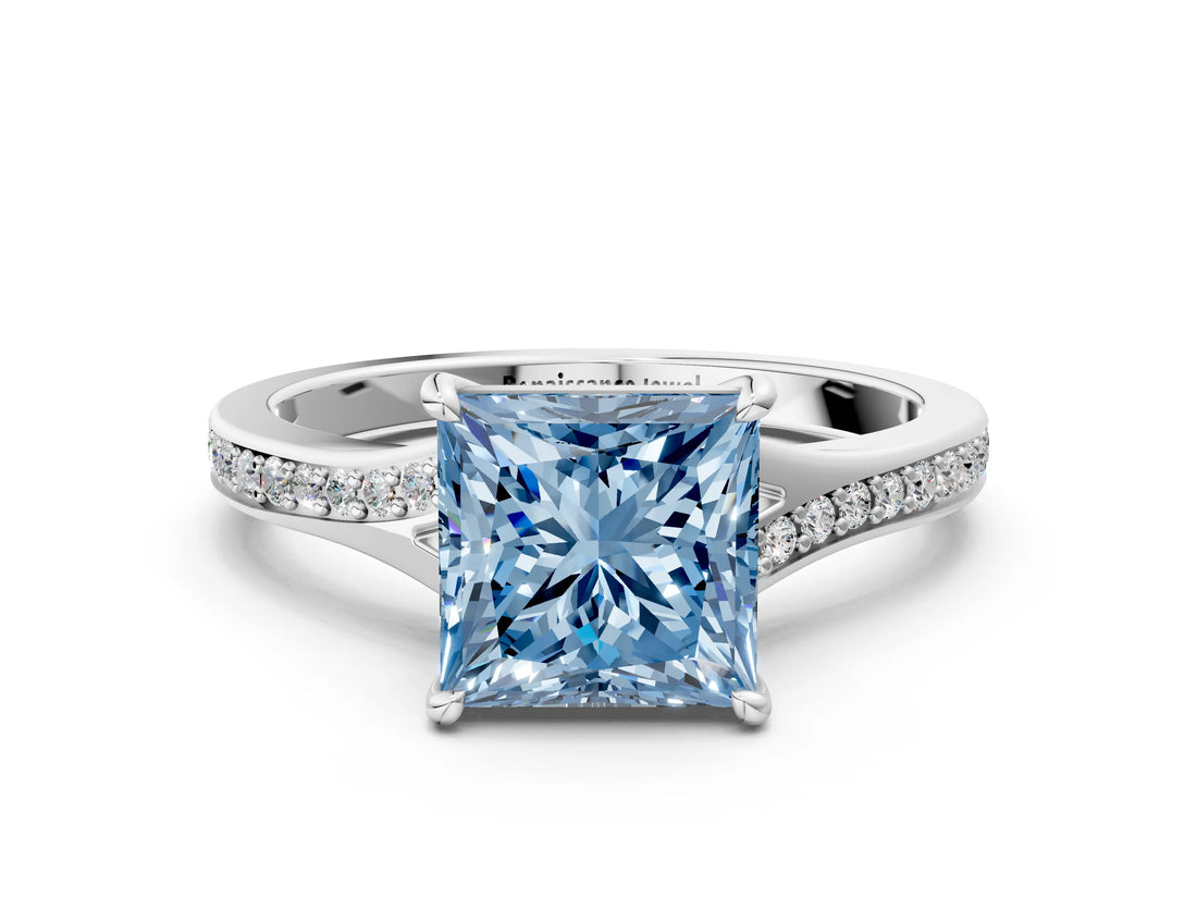 Platinum Fancy Blue Princess Cut Diamond Solitaire Ring with Pavé Band and Prong Setting_12