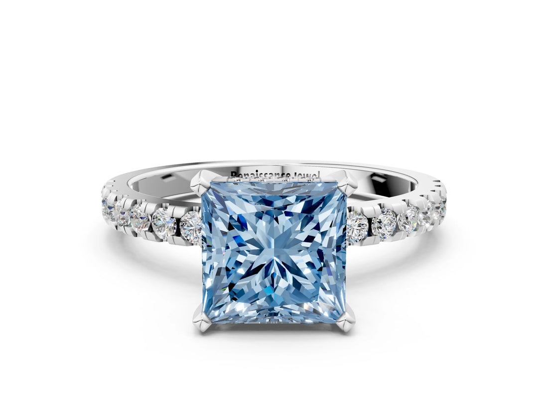 Platinum Fancy Blue Princess Cut Diamond Solitaire Ring with Round  Pavé Band and Four-Prong Setting_24