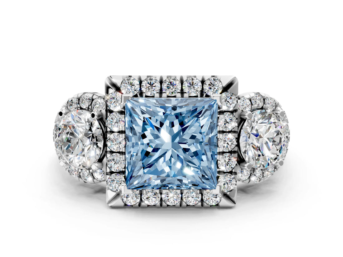 Platinum Fancy Blue Princess Cut Diamond Three-Stone Halo Ring with Prong Setting and Pavé Accents_12