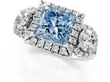 Platinum Fancy Blue Princess Cut Diamond Three-Stone Halo Ring with Prong Setting and Pavé Accents_13