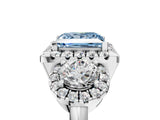 Platinum Fancy Blue Princess Cut Diamond Three-Stone Halo Ring with Prong Setting and Pavé Accents_17