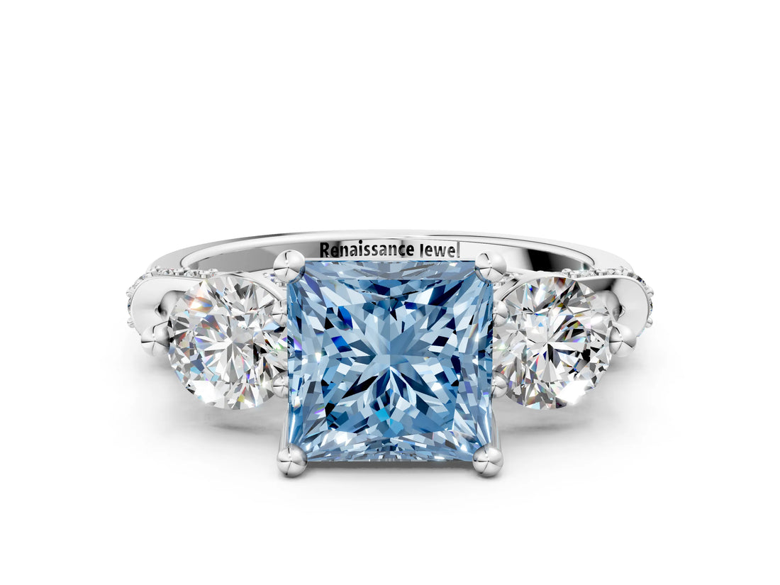 Platinum Fancy Blue Princess Cut Diamond Three-Stone Ring with Prong Setting and Pavé Band_6