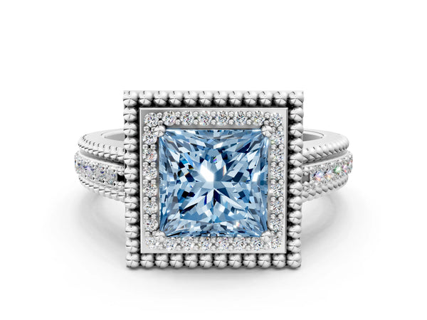 Platinum Princess Cut Beaded Halo Engagement Ring Setting for Fancy Blue Center with Pave