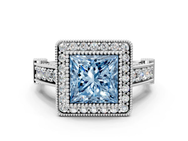 Platinum Fancy Blue Princess Cut Halo Diamond Split Shank Pave Ring