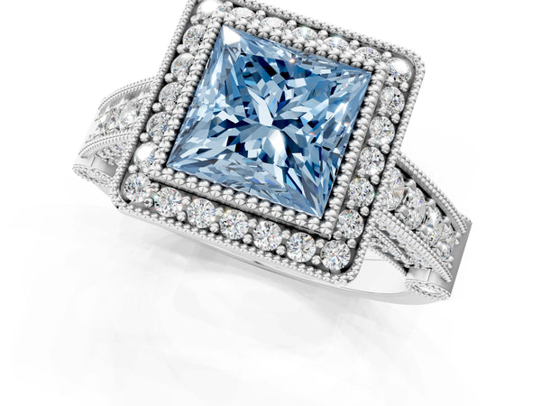 Platinum Fancy Blue Princess Cut Halo Diamond Split Shank Pave Ring