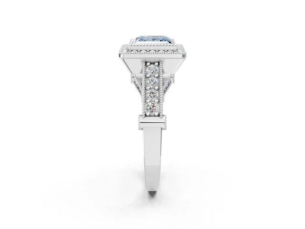 Platinum Fancy Blue Princess Cut Halo Diamond Split Shank Pave Ring