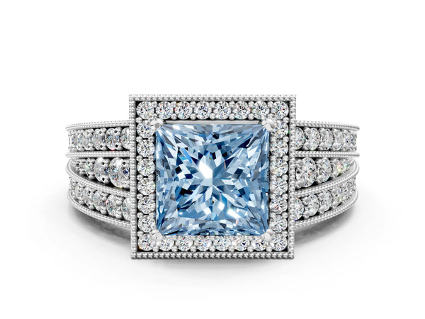 Platinum Fancy Blue Princess Cut Halo Diamond Split Shank Ring with Prong Setting