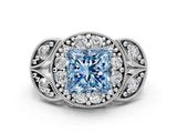 Platinum Fancy Blue Princess Cut Halo Milgrain Diamond Engagement Ring with Leaf Band and Four-Prong Setting_12