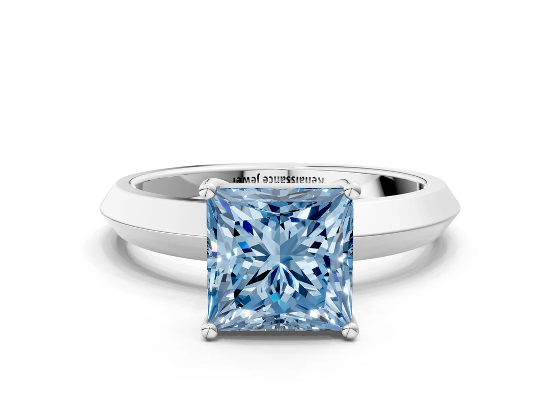Platinum Fancy Blue Princess  Cut Solitaire Engagement Ring with Flat Band and Four-Prong Setting 1