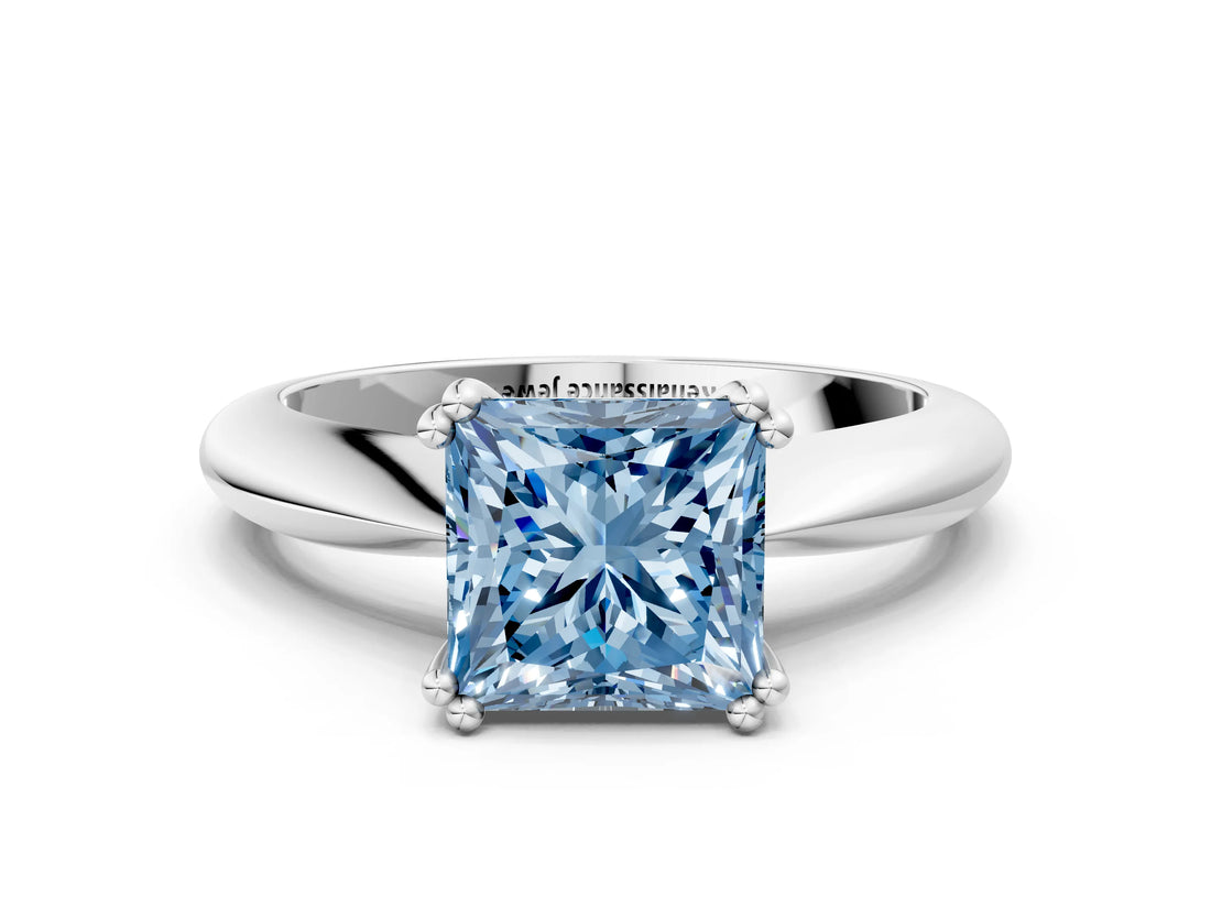 Platinum Fancy Blue Princess  Cut Solitaire Engagement Ring with Tapered Band and Four-Prong Setting 1