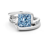 Platinum Fancy Blue Princess Cut Solitaire Tension-Set Diamond Split Shank Ring_6