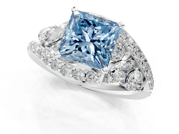 Platinum Fancy Blue Princess  Diamond Halo Ring with Marquise and Pavé Band in Prong Setting