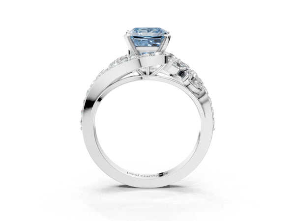 Platinum Fancy Blue Princess  Diamond Halo Ring with Marquise and Pavé Band in Prong Setting