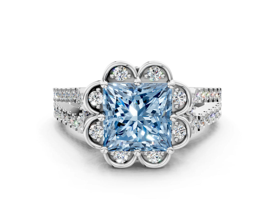 Platinum Fancy Blue Princess  Halo Diamond Floral Split Shank Engagement Ring