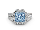 Platinum Fancy Blue Princess  Halo Diamond Floral Split Shank Engagement Ring