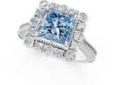Platinum Fancy Blue Princess  Halo Milgrain Pave Diamond Ring with Four-Prong Setting 1