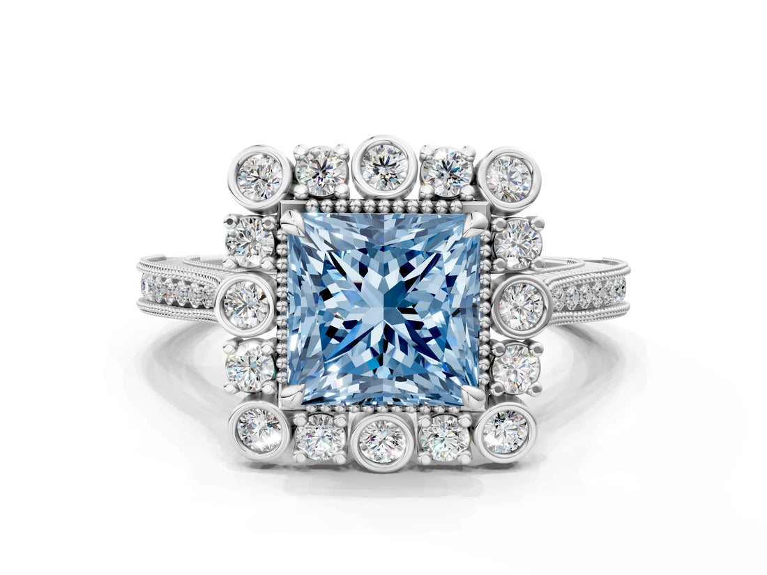 Platinum Fancy Blue Princess  Halo Milgrain Pave Diamond Ring with Four-Prong Setting
