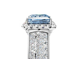 Platinum Fancy Blue Princess  Halo Round Diamond Pave Band with Prong Setting