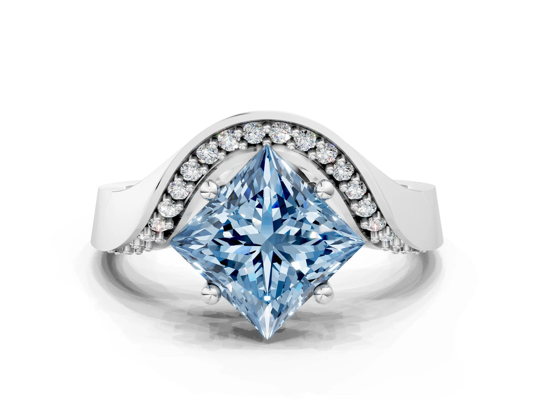 Platinum Fancy Blue Princess  Solitaire Diamond Engagement Ring with Pave Band and Four-Prong Setting