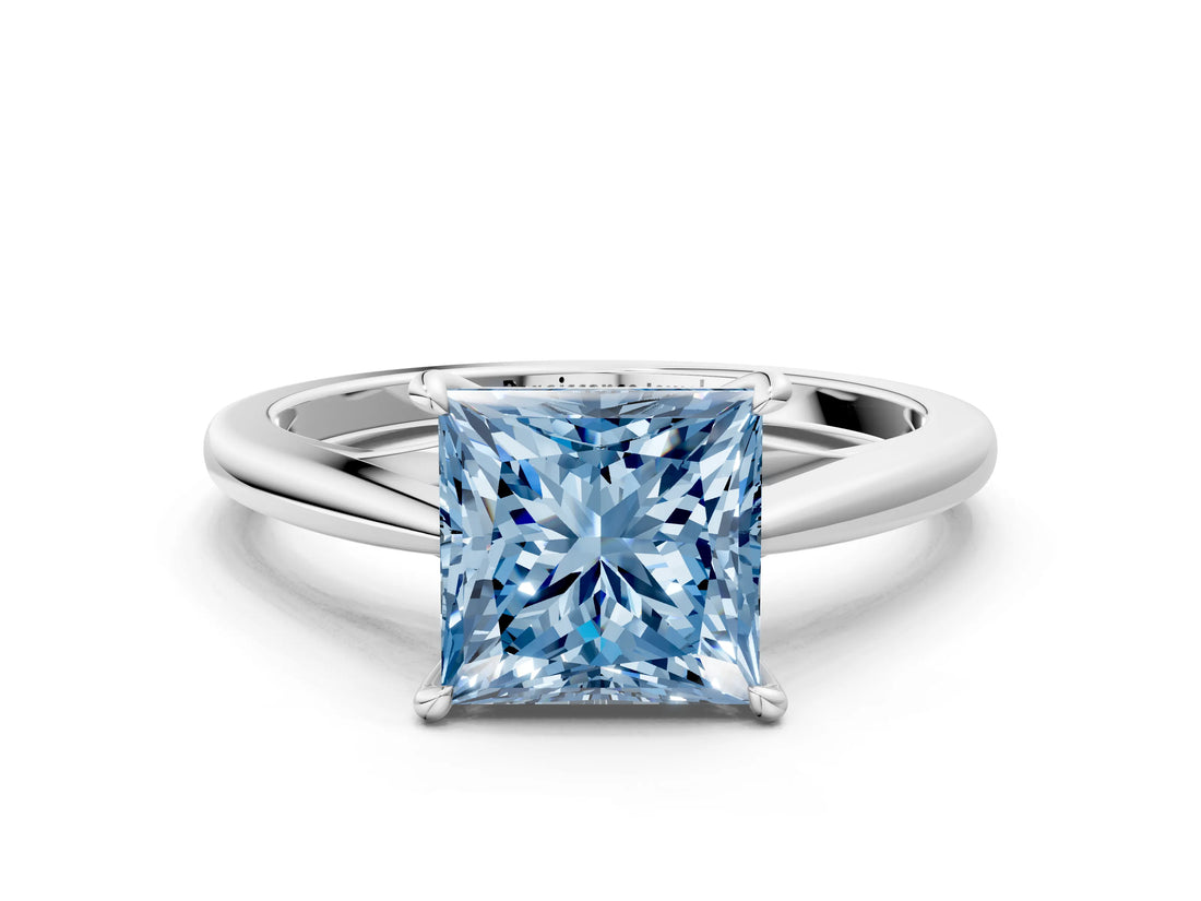 Platinum Fancy Blue Princess  Solitaire Engagement Ring with Four-Prong Setting and Classic Band
