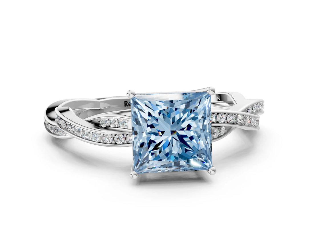 Platinum Fancy Blue Princess  Solitaire Twisted Pave Diamond Ring with Four-Prong Setting_19
