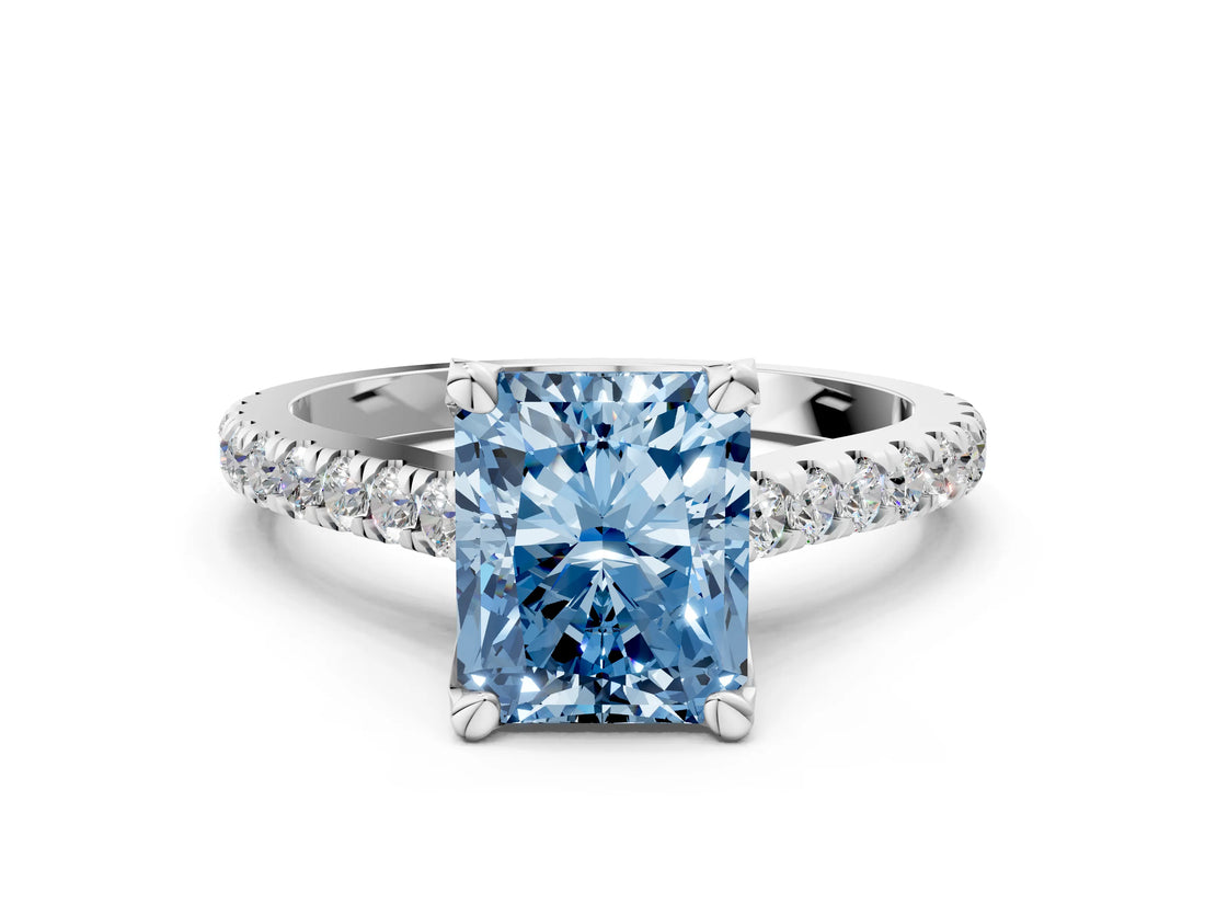 Platinum Fancy Blue Radiant  Brilliant Diamond Solitaire with Pavé Band and Four-Prong Setting