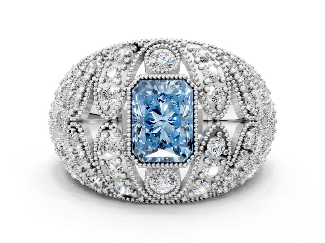 Platinum Fancy Blue Radiant Cut Brilliant Halo Pave Diamond Milgrain Ring_12