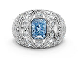 Platinum Fancy Blue Radiant Cut Brilliant Halo Pave Diamond Milgrain Ring_12