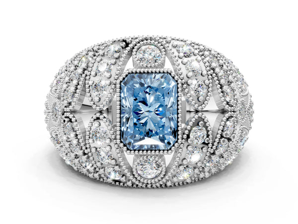 Platinum Fancy Blue Radiant Cut Brilliant Halo Pave Diamond Milgrain Ring