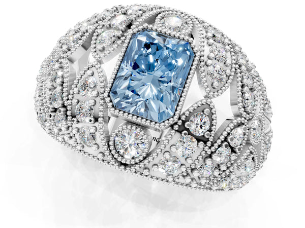 Platinum Fancy Blue Radiant Cut Brilliant Halo Pave Diamond Milgrain Ring
