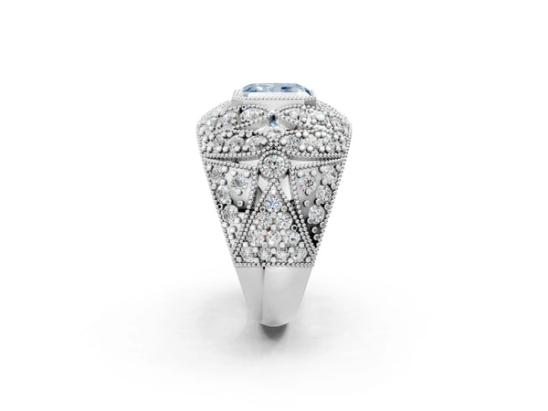 Platinum Fancy Blue Radiant Cut Brilliant Halo Pave Diamond Milgrain Ring